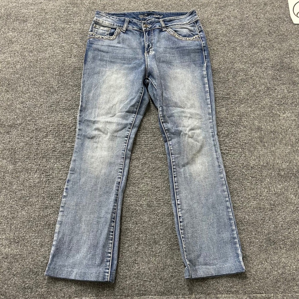 Wired Heart Jeans Womens Size 32 Blue Bootcut Embellished Cross Pocket Stretch
